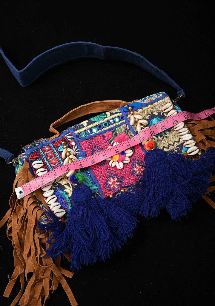 Blue Hand-Embraided Ethnic Embellished Banjara Boho Sling Bag with Cowrie Shell
