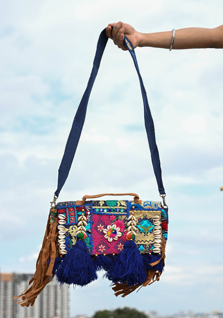 Blue Hand-Embraided Ethnic Embellished Banjara Boho Sling Bag with Cowrie Shell