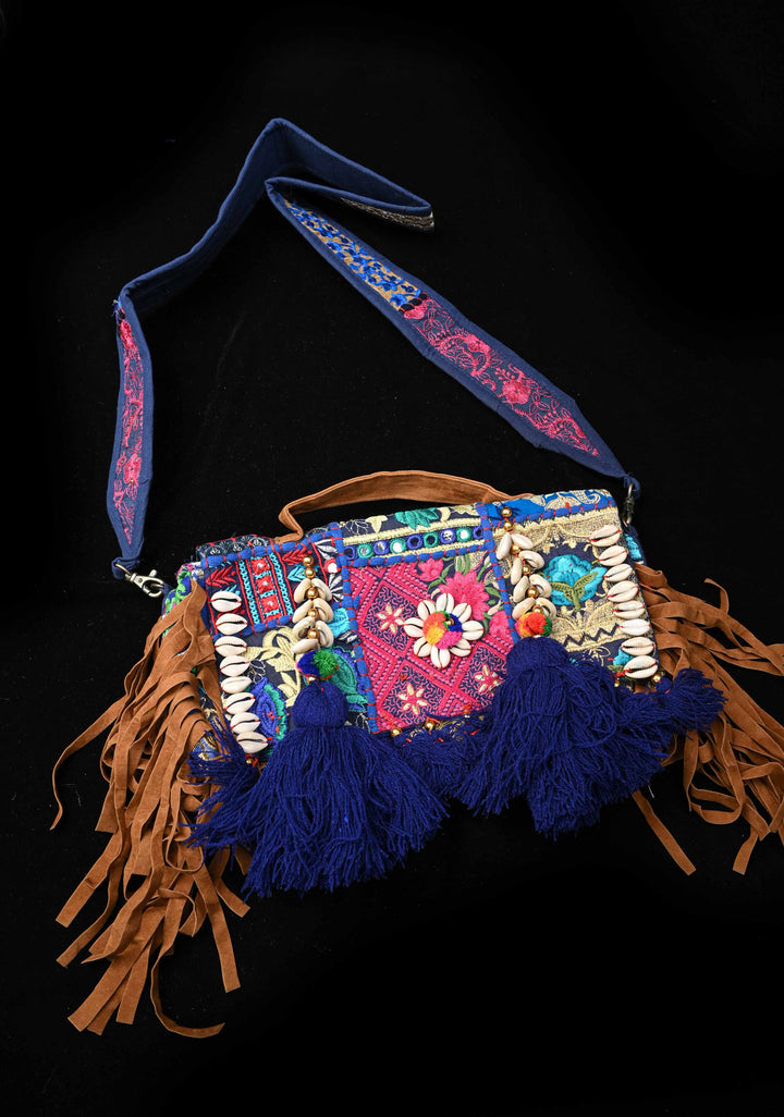 Blue Hand-Embraided Ethnic Embellished Banjara Boho Sling Bag with Cowrie Shell