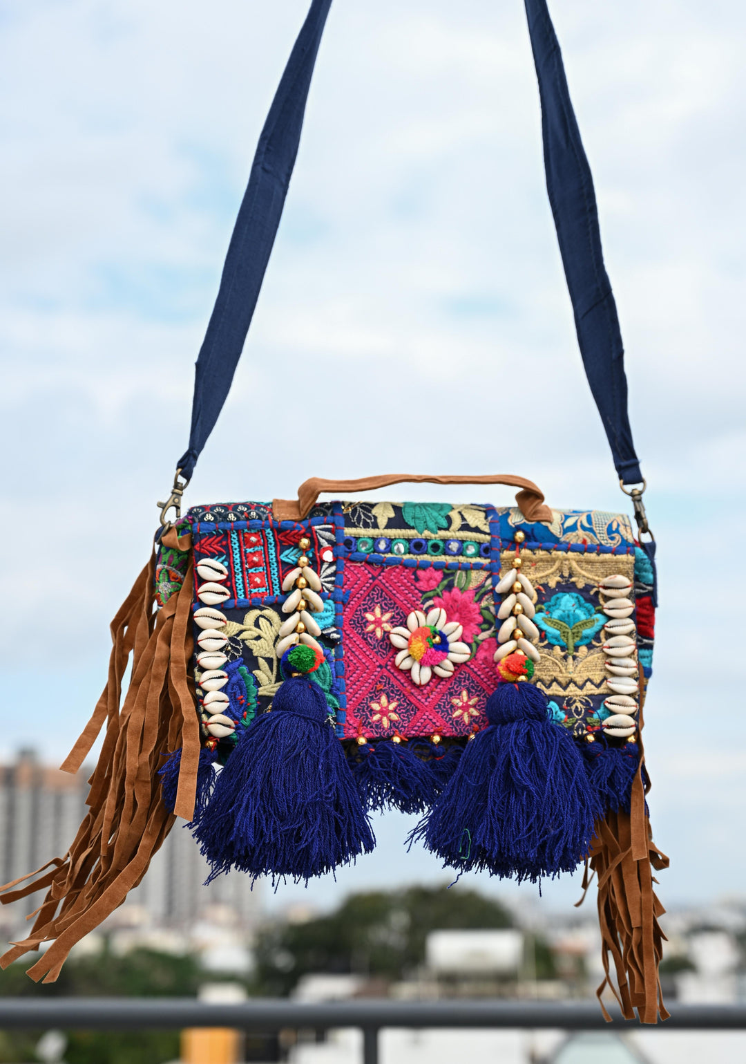 Blue Hand-Embraided Ethnic Embellished Banjara Boho Sling Bag with Cowrie Shell