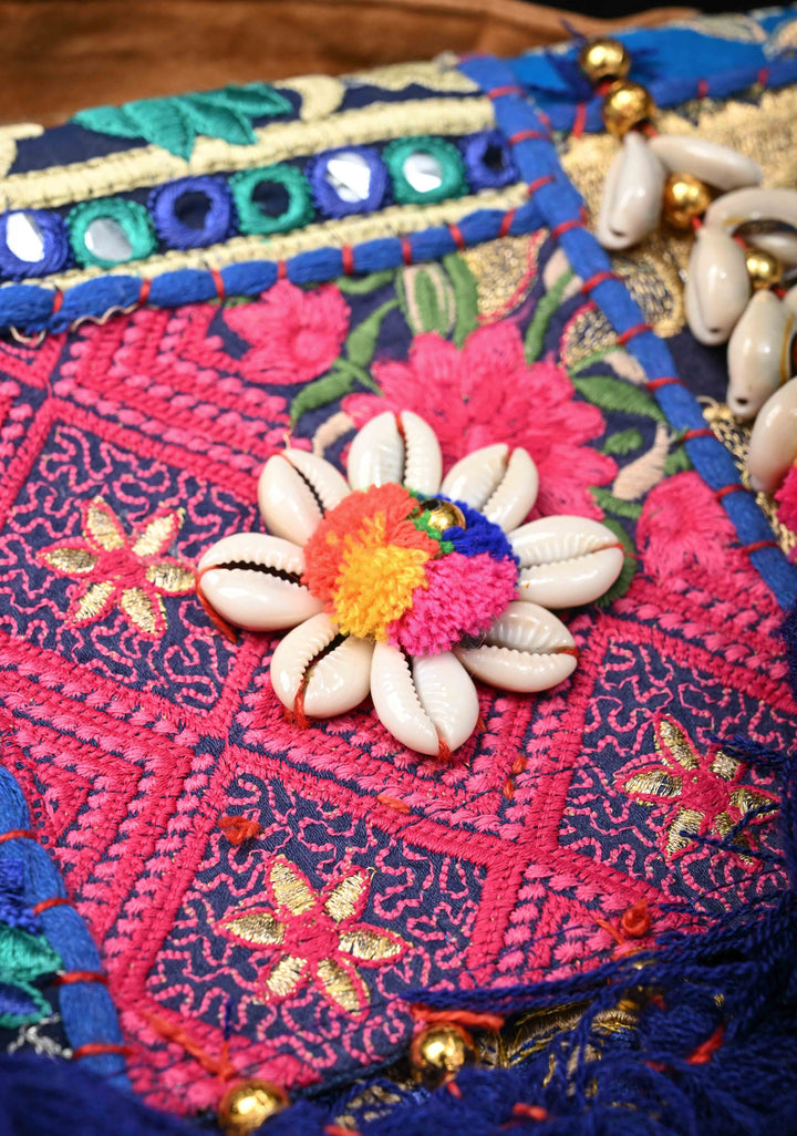 Blue Hand-Embraided Ethnic Embellished Banjara Boho Sling Bag with Cowrie Shell