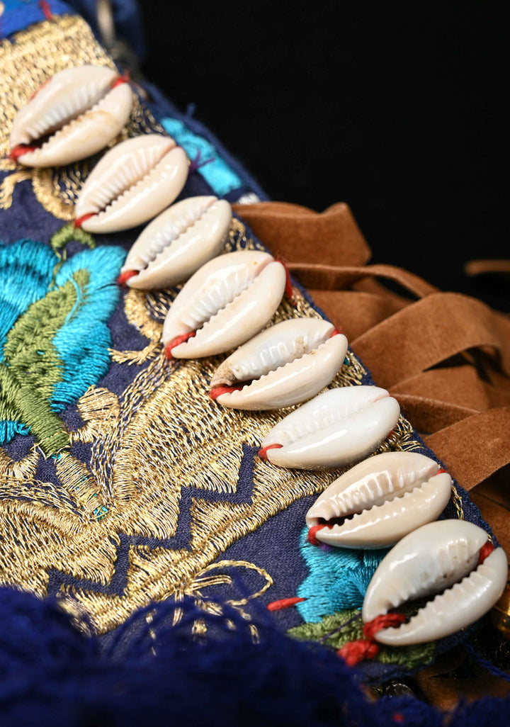 Blue Hand-Embraided Ethnic Embellished Banjara Boho Sling Bag with Cowrie Shell
