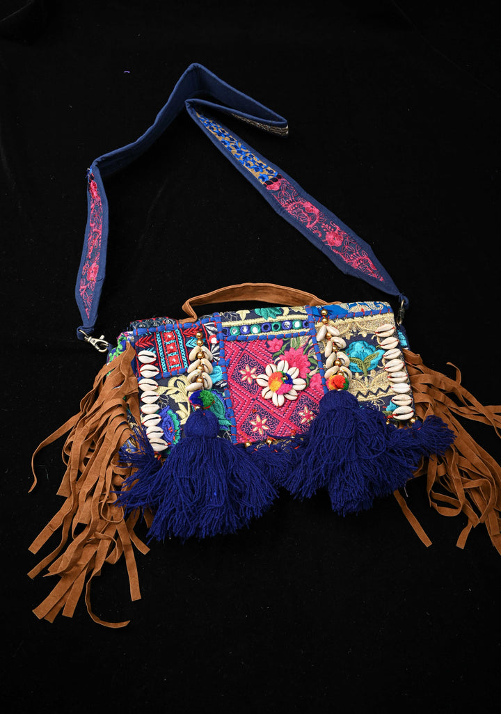 Blue Hand-Embraided Ethnic Embellished Banjara Boho Sling Bag with Cowrie Shell
