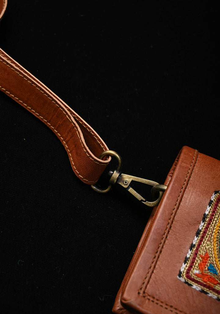 Brown Hand-Crafted Aari work Leather Sling Bag