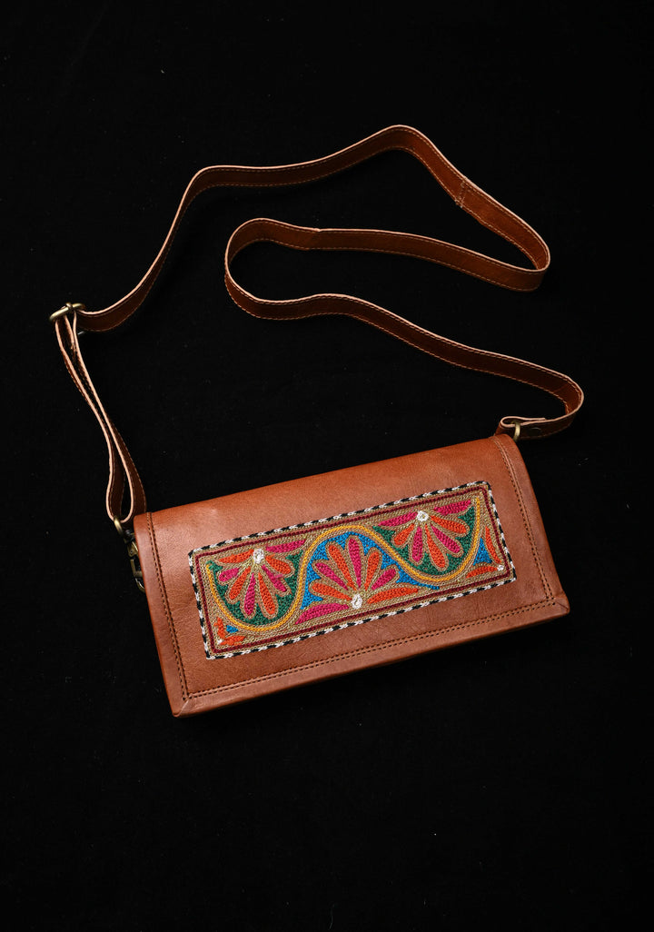 Brown Hand-Crafted Aari work Leather Sling Bag