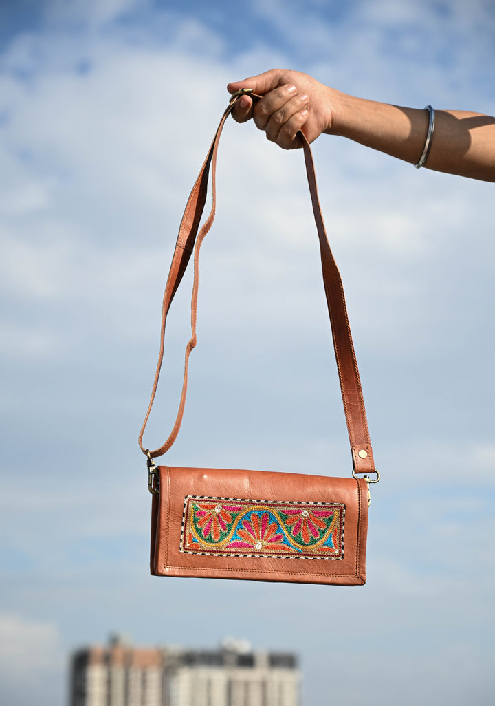 Brown Hand-Crafted Aari work Leather Sling Bag