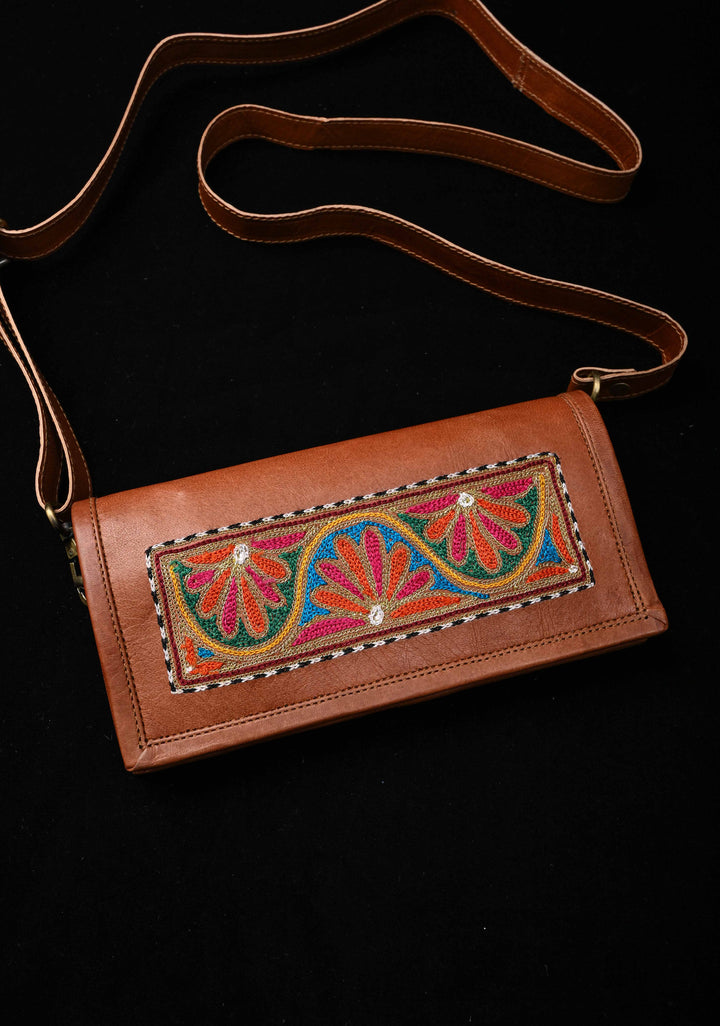 Brown Hand-Crafted Aari work Leather Sling Bag