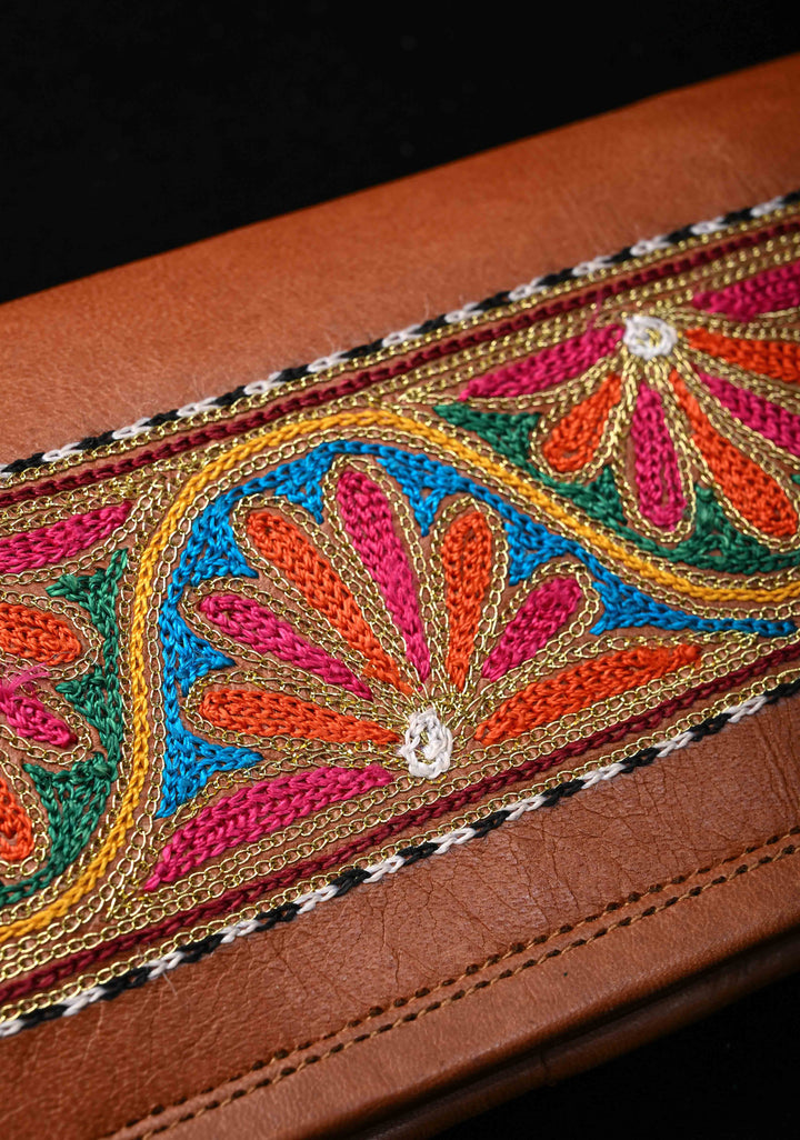 Brown Hand-Crafted Aari work Leather Sling Bag