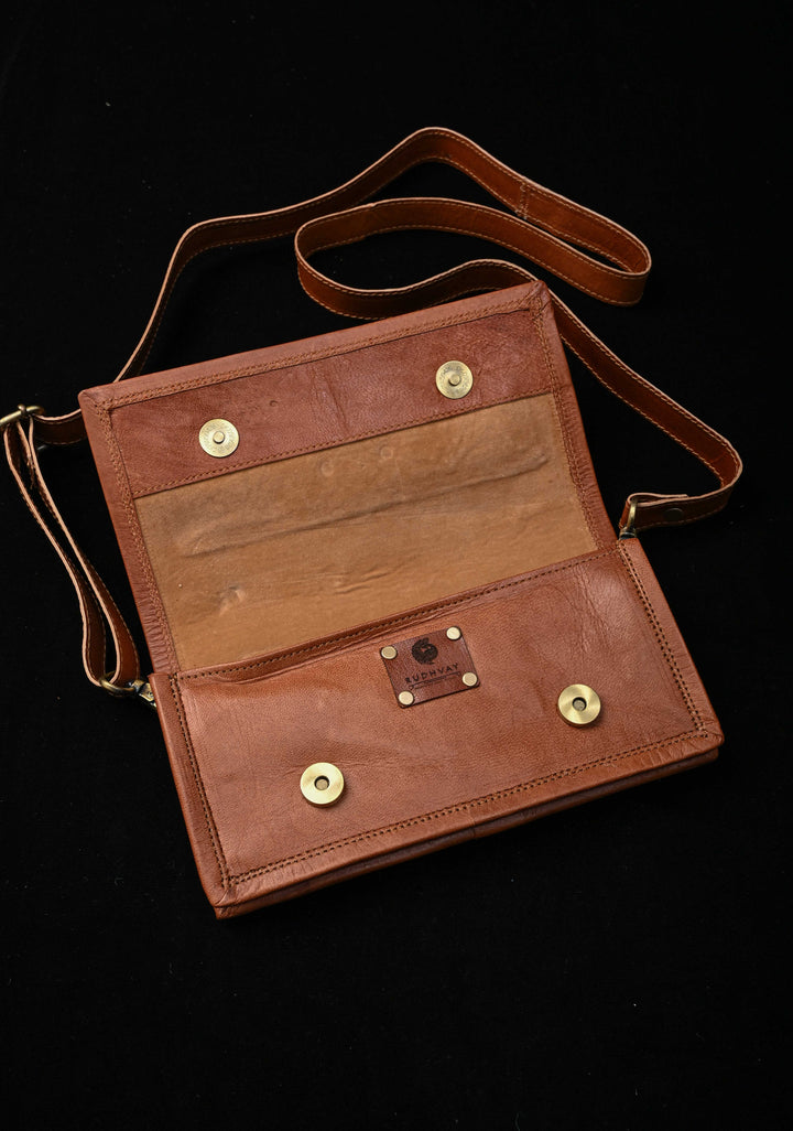 Brown Hand-Crafted Aari work Leather Sling Bag