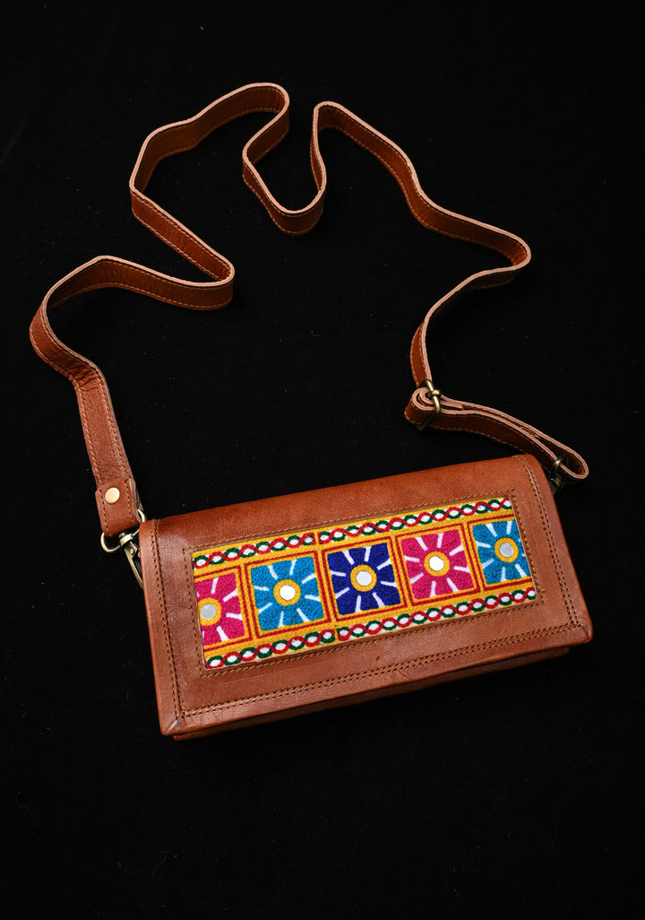 Floral Design Kutchi Hand Embroidery Leather Sling Bag in Brown