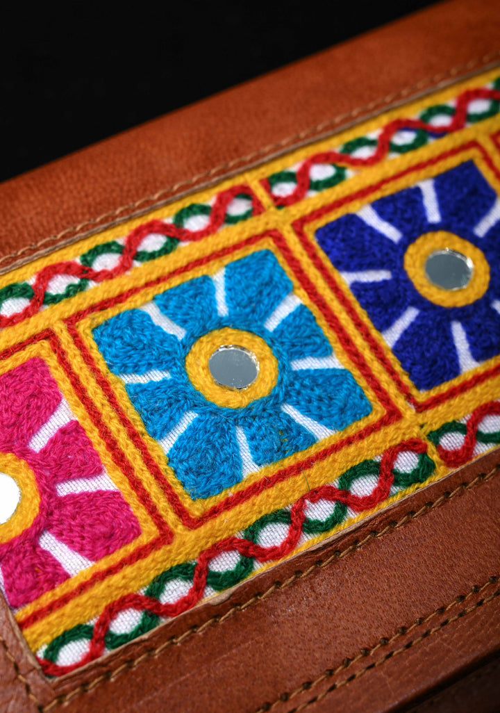 Floral Design Kutchi Hand Embroidery Leather Sling Bag in Brown