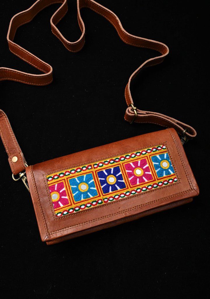 Floral Design Kutchi Hand Embroidery Leather Sling Bag in Brown