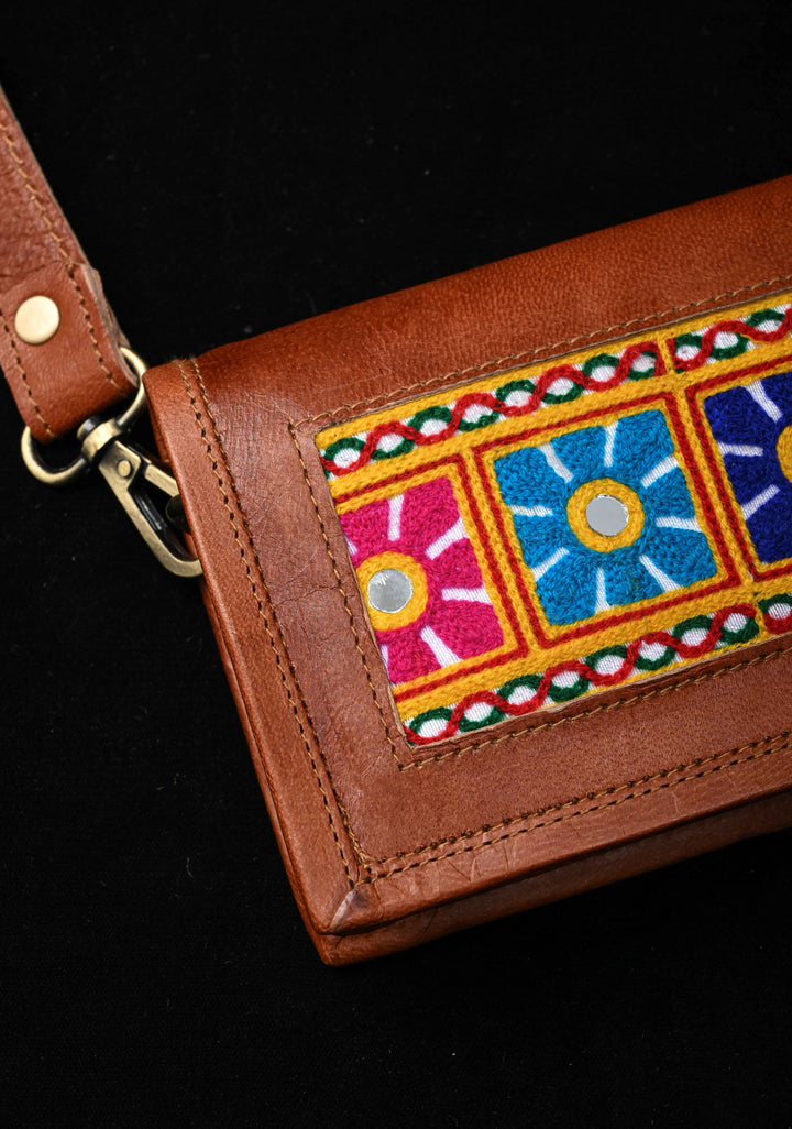Floral Design Kutchi Hand Embroidery Leather Sling Bag in Brown