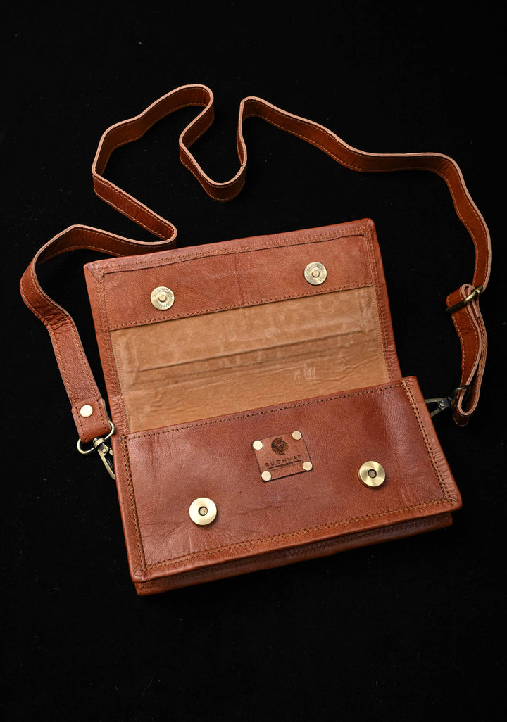 Floral Design Kutchi Hand Embroidery Leather Sling Bag in Brown