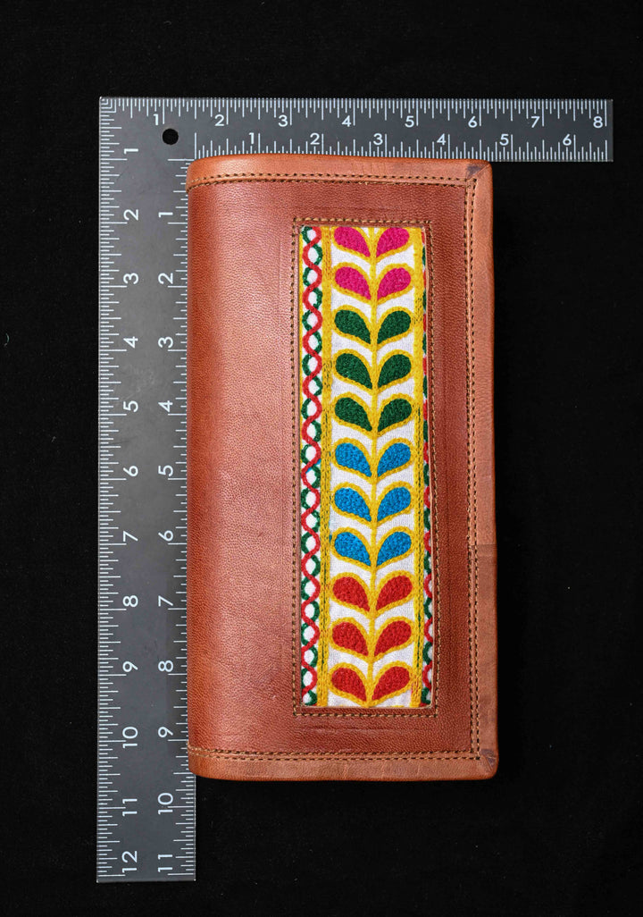 Hand Crafted Leaf Design Embroidery Leather Sling Bag in Brown