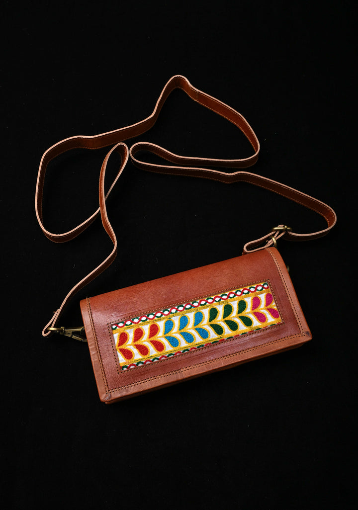 Hand Crafted Leaf Design Embroidery Leather Sling Bag in Brown