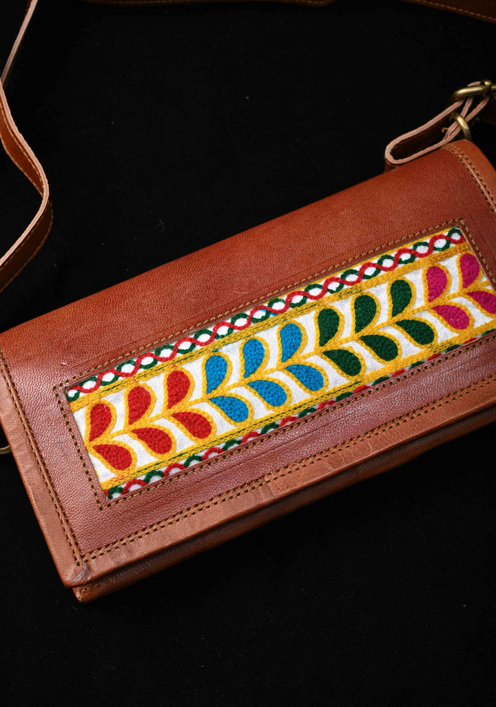 Hand Crafted Leaf Design Embroidery Leather Sling Bag in Brown