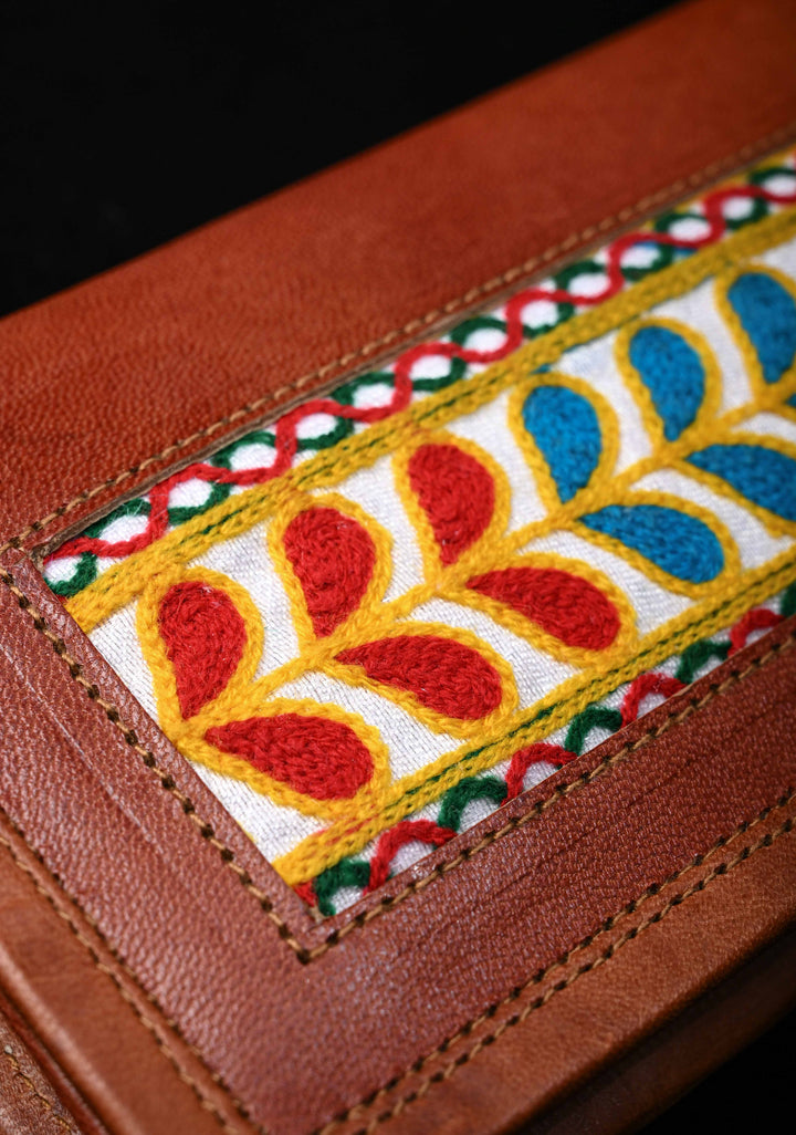 Hand Crafted Leaf Design Embroidery Leather Sling Bag in Brown