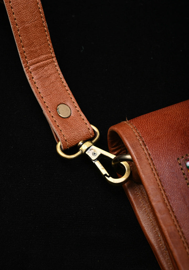 Hand Crafted Leaf Design Embroidery Leather Sling Bag in Brown