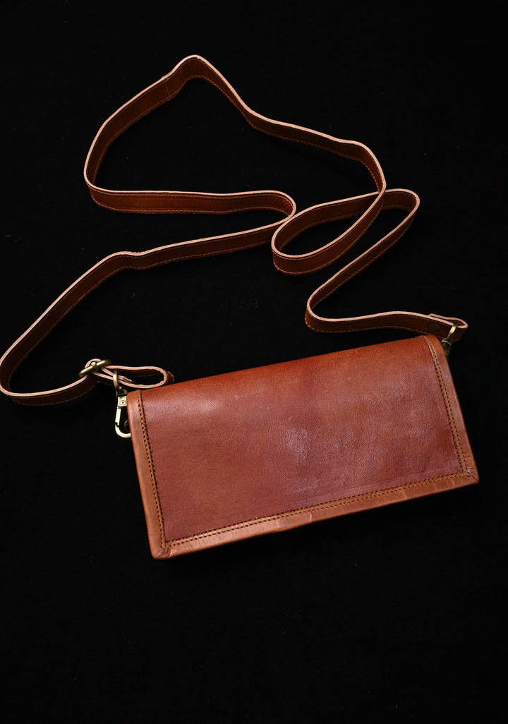 Hand Crafted Leaf Design Embroidery Leather Sling Bag in Brown