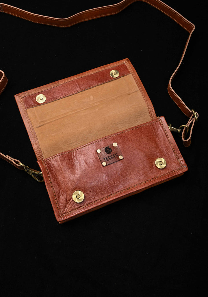 Hand Crafted Leaf Design Embroidery Leather Sling Bag in Brown