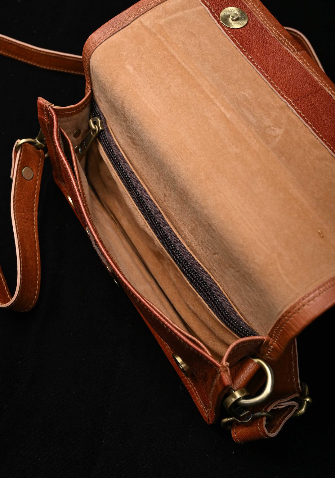 Hand Crafted Leaf Design Embroidery Leather Sling Bag in Brown