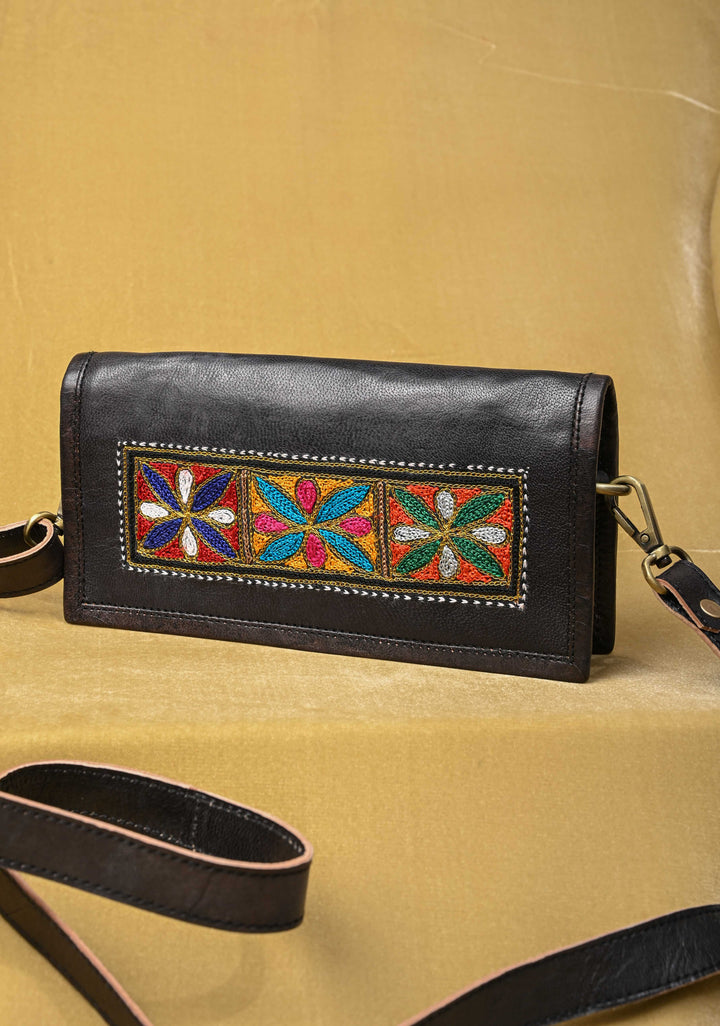 Hand-Crafted And Floral Embroidery Leather Sling Bag in Black