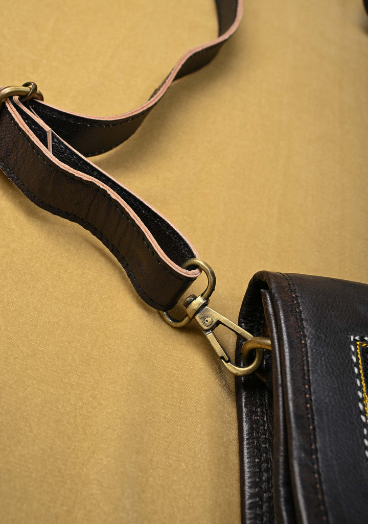 Hand-Crafted And Floral Embroidery Leather Sling Bag in Black