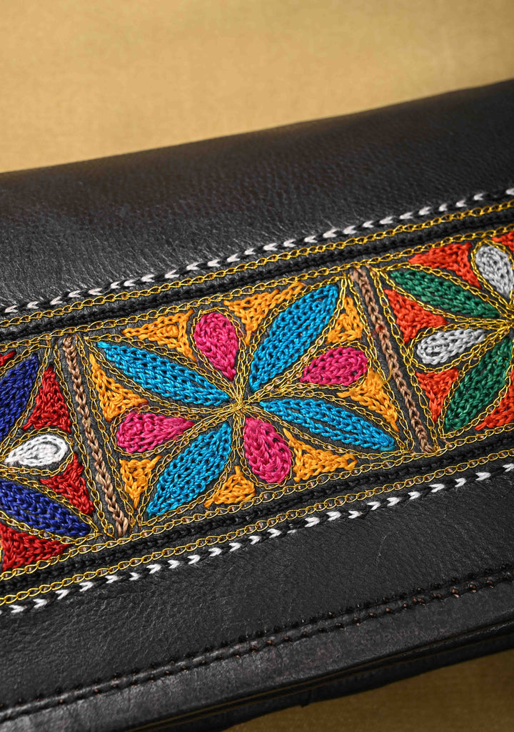 Hand-Crafted And Floral Embroidery Leather Sling Bag in Black