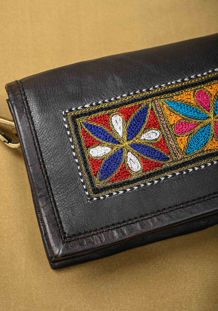 Hand-Crafted And Floral Embroidery Leather Sling Bag in Black