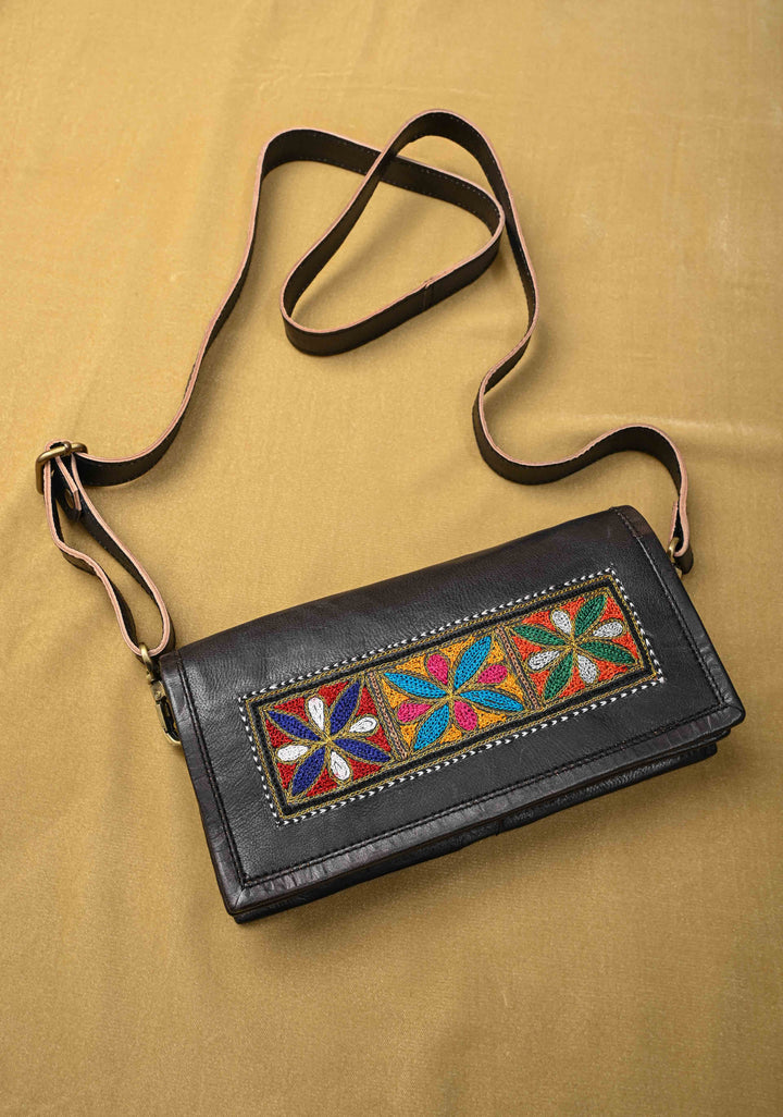 Hand-Crafted And Floral Embroidery Leather Sling Bag in Black