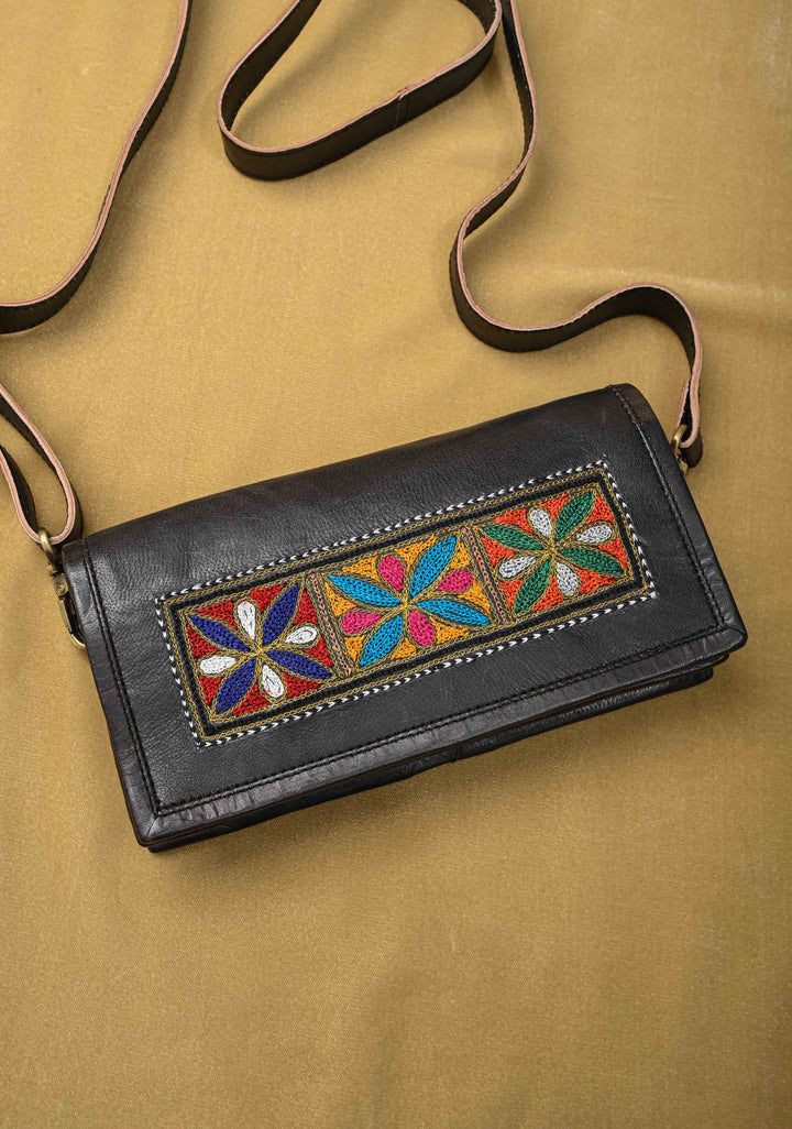 Hand-Crafted And Floral Embroidery Leather Sling Bag in Black