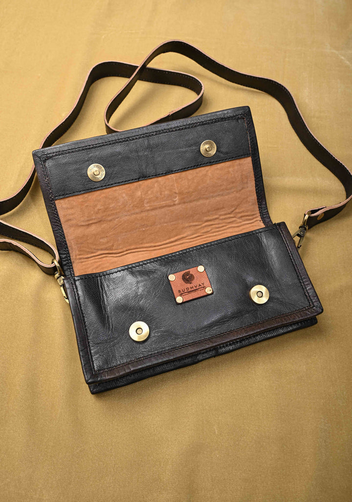 Hand-Crafted And Floral Embroidery Leather Sling Bag in Black