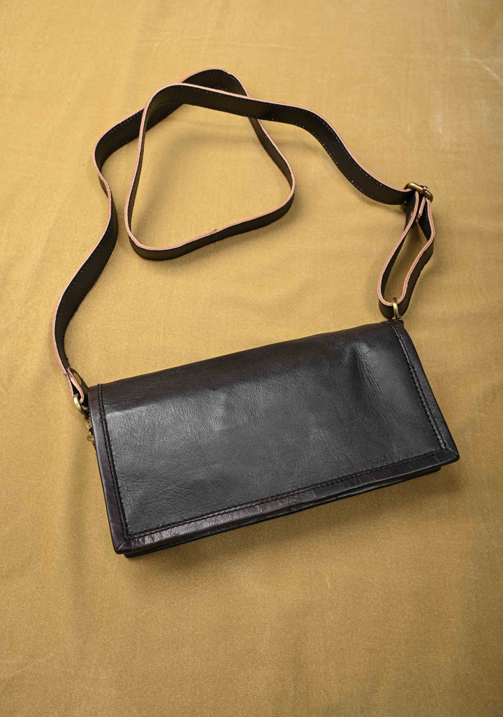 Hand-Crafted And Floral Embroidery Leather Sling Bag in Black