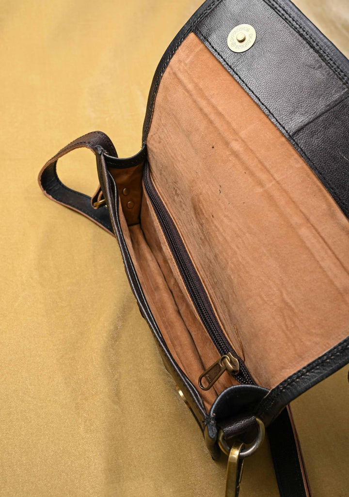 Black Hand-Crafted And Floral Embroidery Leather Sling Bag