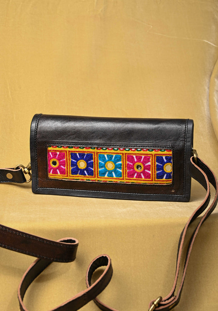 Black Hand-Crafted And Floral Embroidery Leather Sling Bag