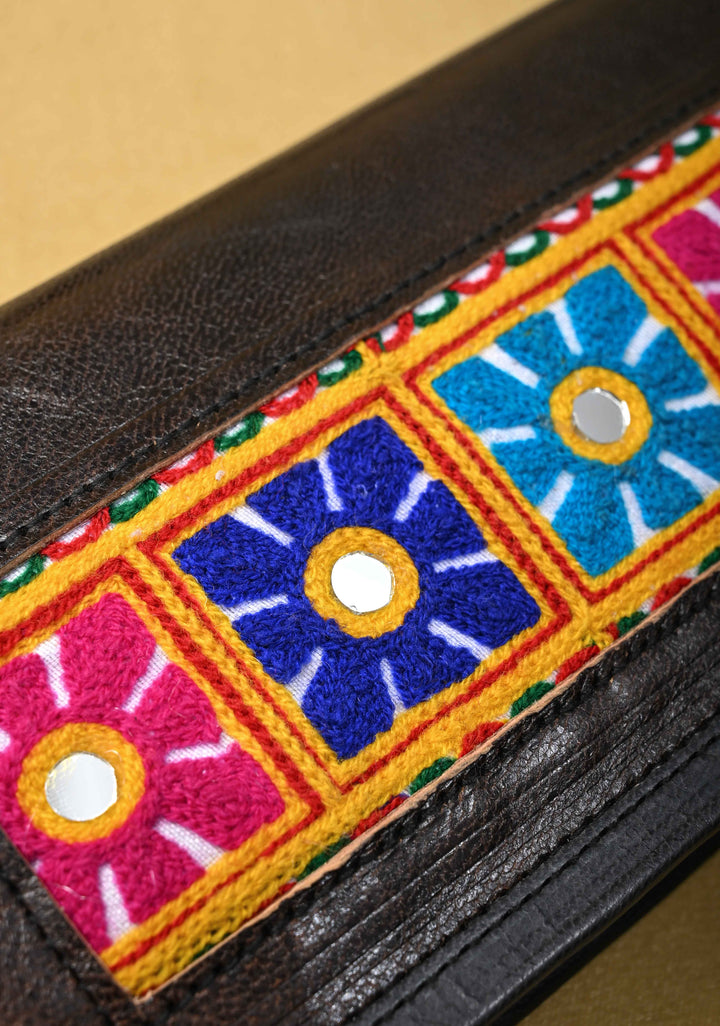 Black Hand-Crafted And Floral Embroidery Leather Sling Bag
