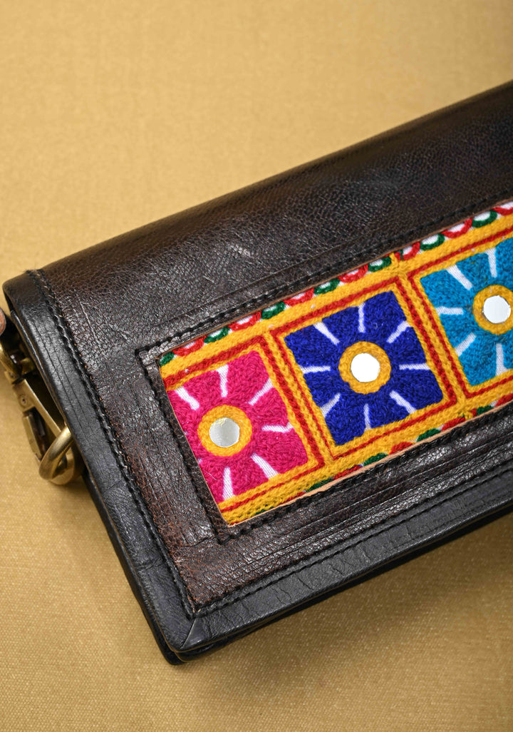Black Hand-Crafted And Floral Embroidery Leather Sling Bag