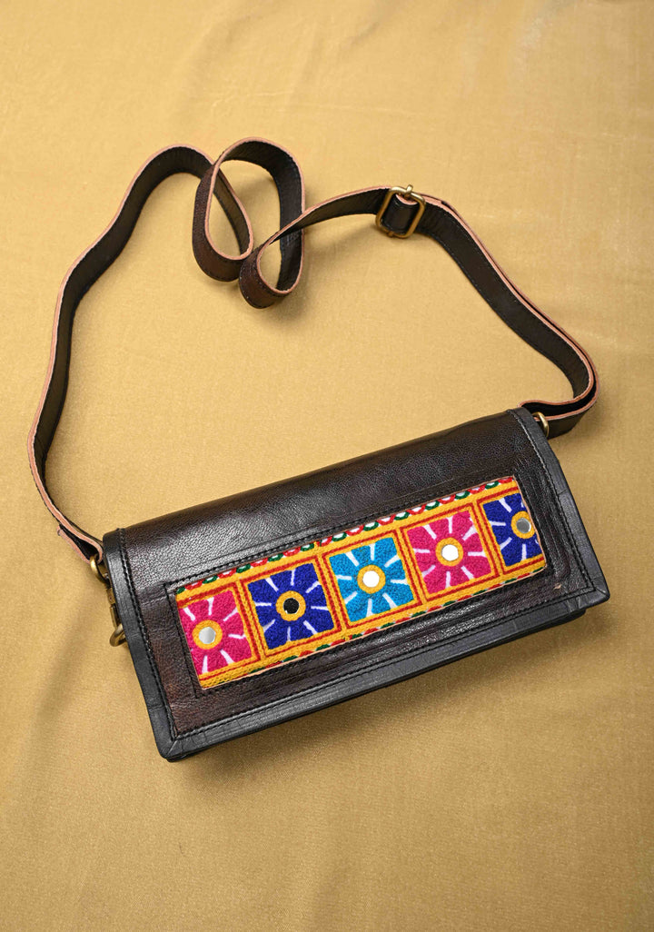 Black Hand-Crafted And Floral Embroidery Leather Sling Bag