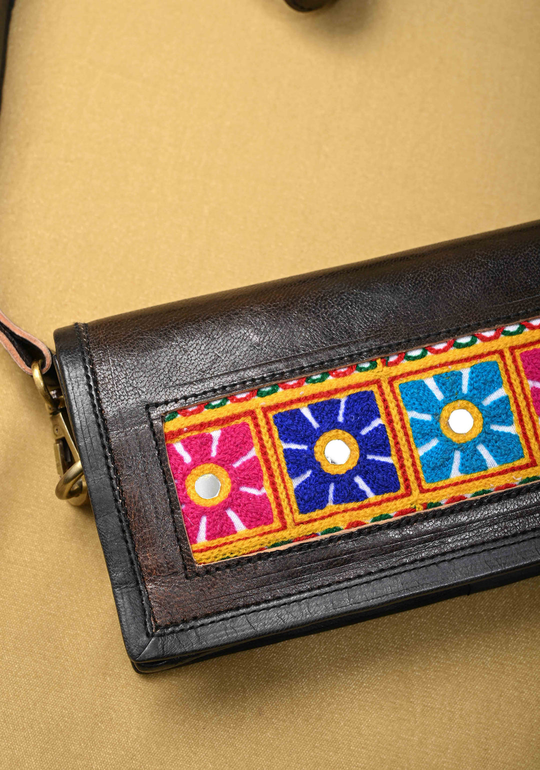 Black Hand-Crafted And Floral Embroidery Leather Sling Bag