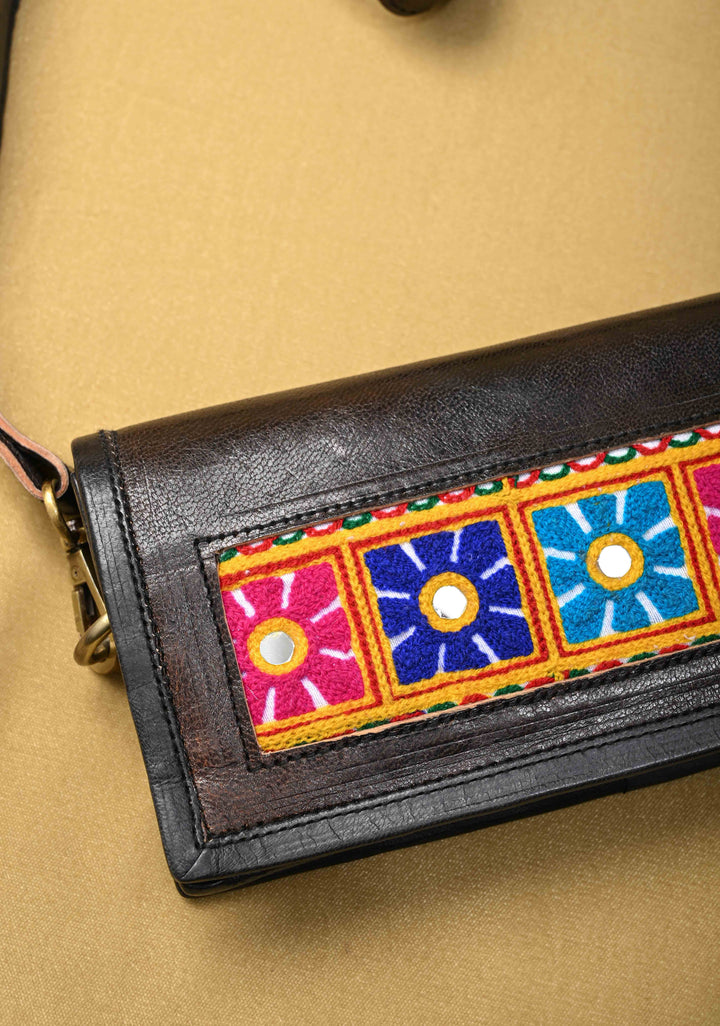Black Hand-Crafted And Floral Embroidery Leather Sling Bag