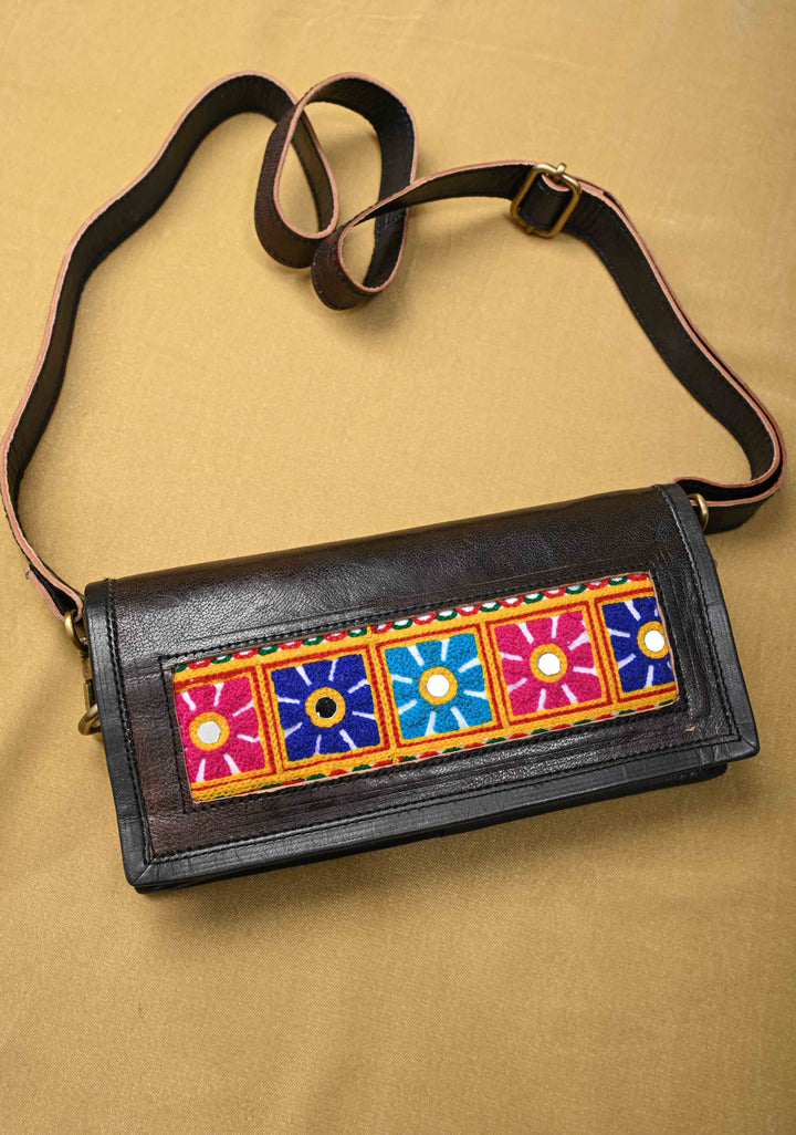Black Hand-Crafted And Floral Embroidery Leather Sling Bag