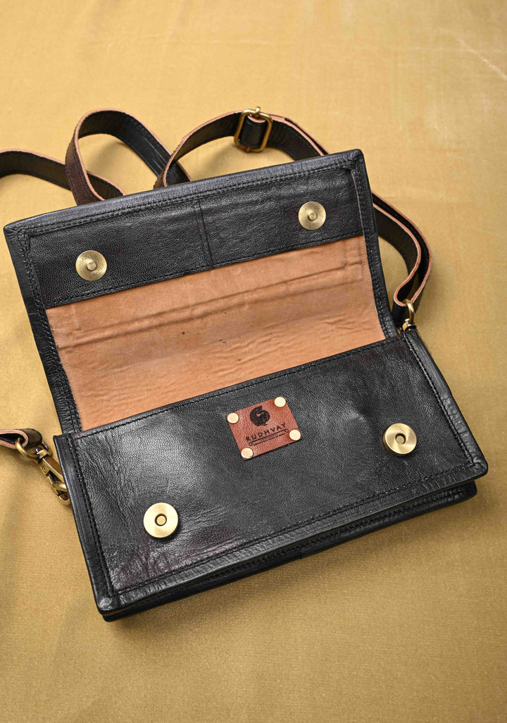 Black Hand-Crafted And Floral Embroidery Leather Sling Bag