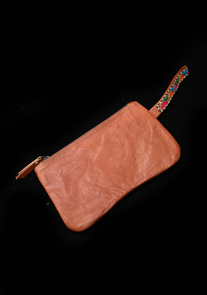 Brown Hand-Crafted And Embroidery Leather Pouch
