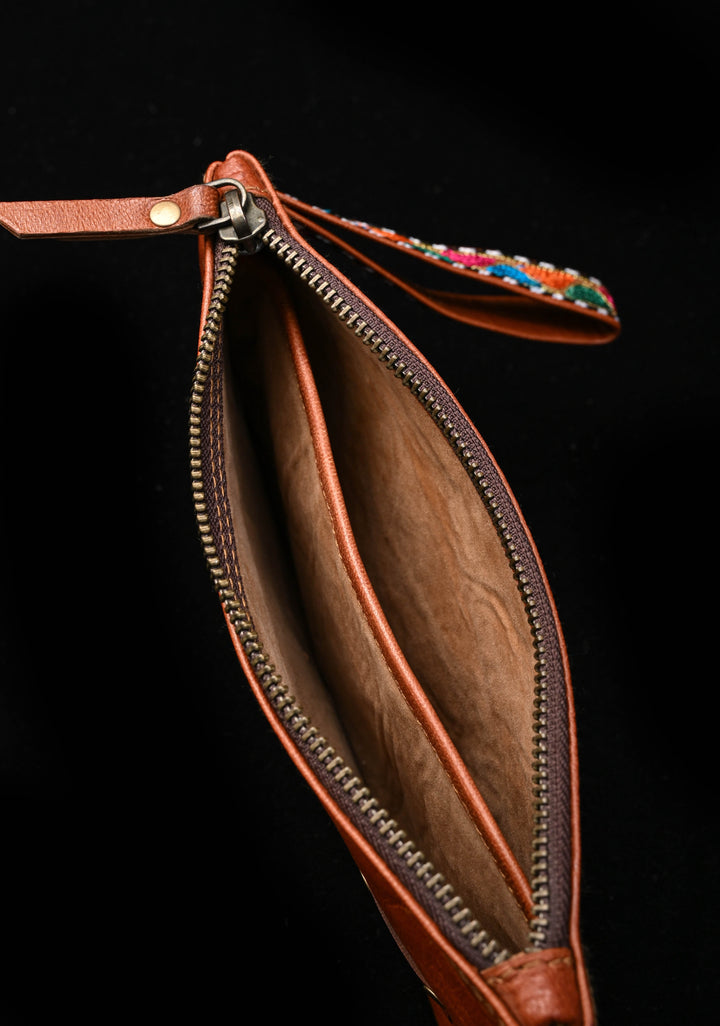 Brown Hand-Crafted And Embroidery Leather Pouch
