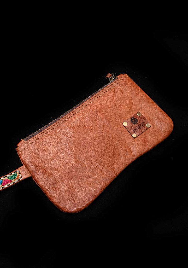 Brown Hand-Crafted And Embroidery Leather Pouch