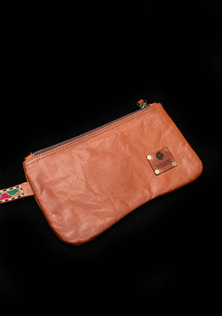 Brown Hand-Crafted And Embroidery Leather Pouch