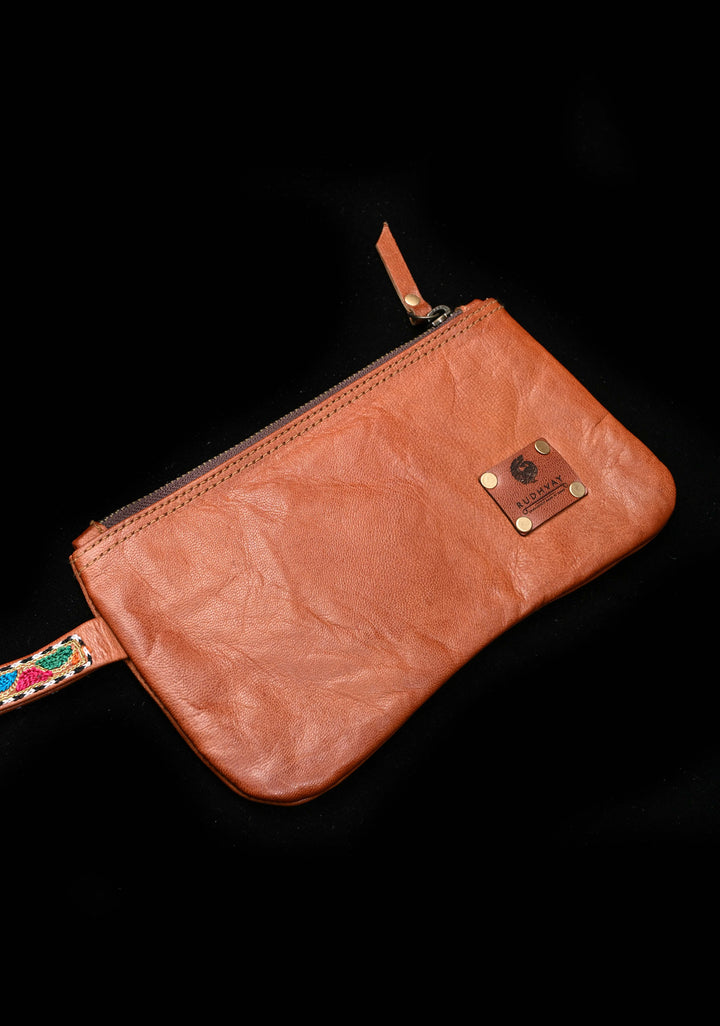 Brown Hand-Crafted And Embroidery Leather Pouch