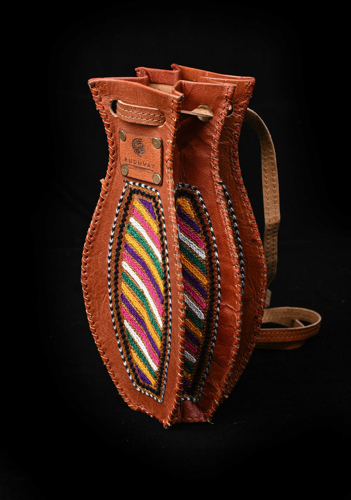 Brown Leather Hand-Crafted And Embroidery Potli Sling Bag with Aari Work