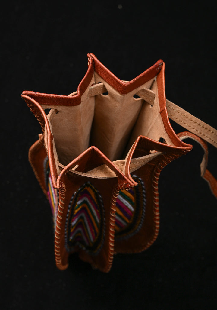Brown Leather Hand-Crafted And Embroidery Potli Sling Bag with Aari Work